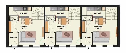 Půdorys prvního podlaží Apartmánů zámek Vimperk s vyznačenými dveřmi, které apartmány propojují.